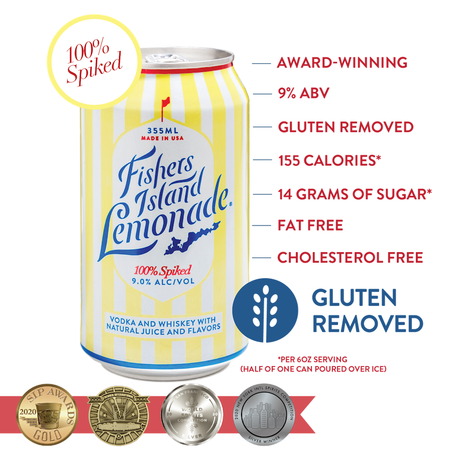 fishers island lemonade canned cocktail with ingredients and awards listed
